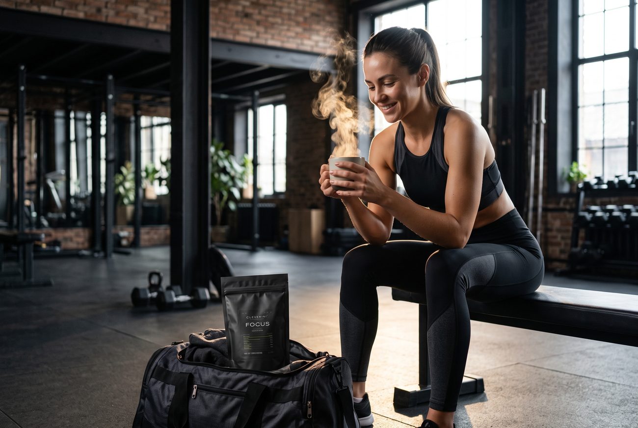 Woman drinking Cleverini Focus at the gym