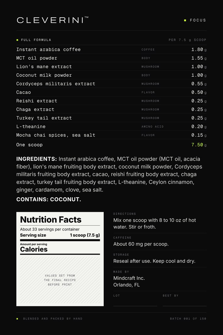 Cleverini Focus ingredients label