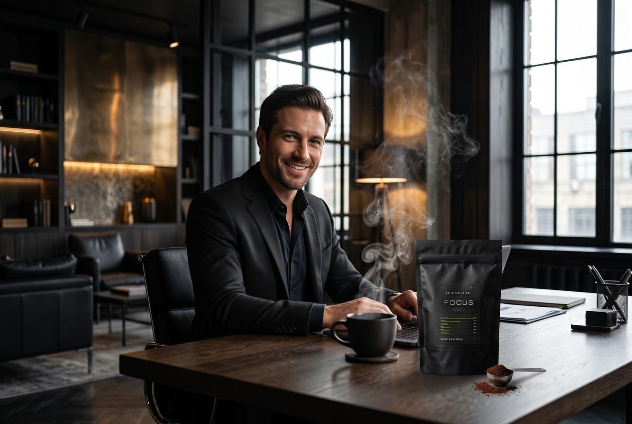Man at his desk working with a cup of Cleverini Focus